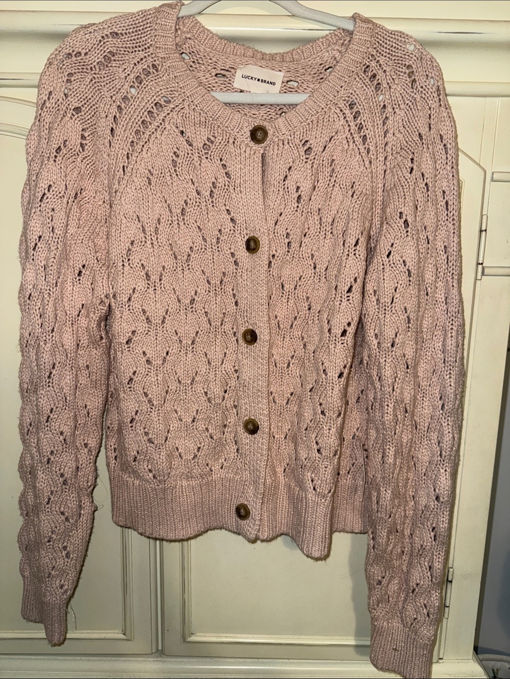 Lucky Brand Dusty Pink Open-Knit Button Front Cardigan shimmer XL NWT